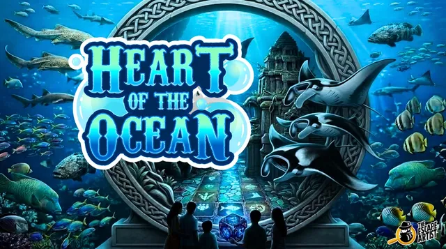 Heart of the Ocean key visual, giant manta rays gliding past a sunken temple gateway ringed by a carved stone dial